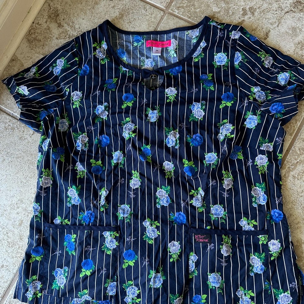 Betsy & Adam Navy Floral Stripe Blouse